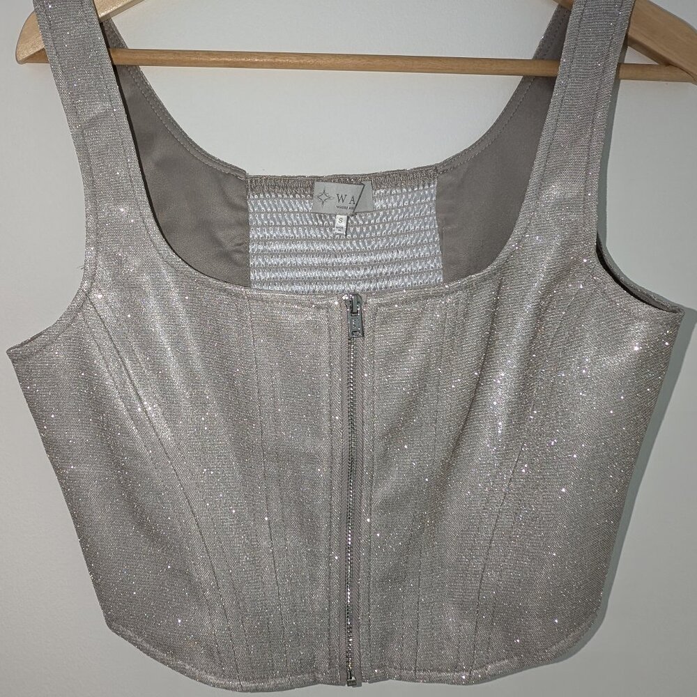 WAYF Metallic Silver Cropped, Zippered, Corset Top Size Small